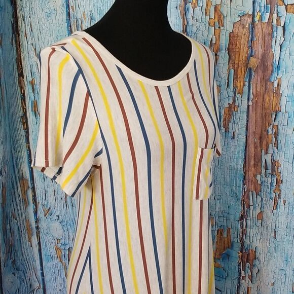 LULAROE Carly Light Grey W/ Red Yellow & Blue Stripes XSmall Short Casual Dress - Picture 4 of 8